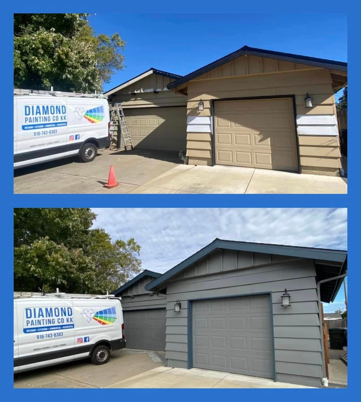 Two-story home exterior repaint before and after